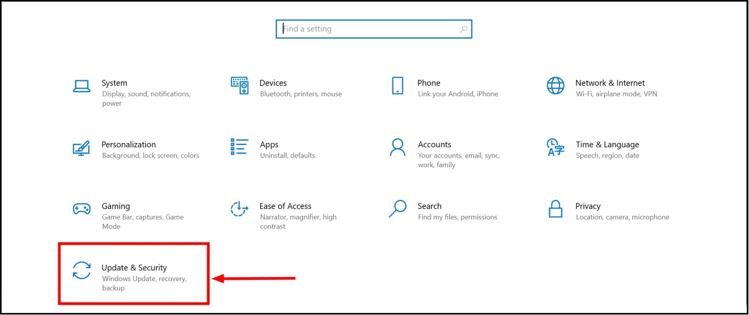 Choose Update and Security
