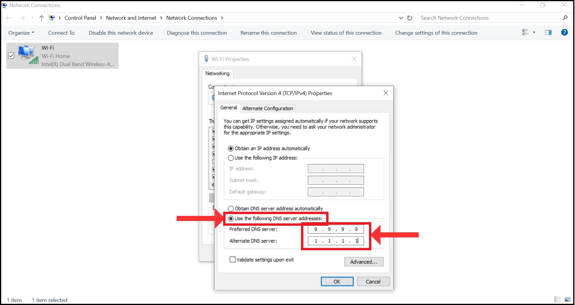 Choose Use the following DNS server addresses