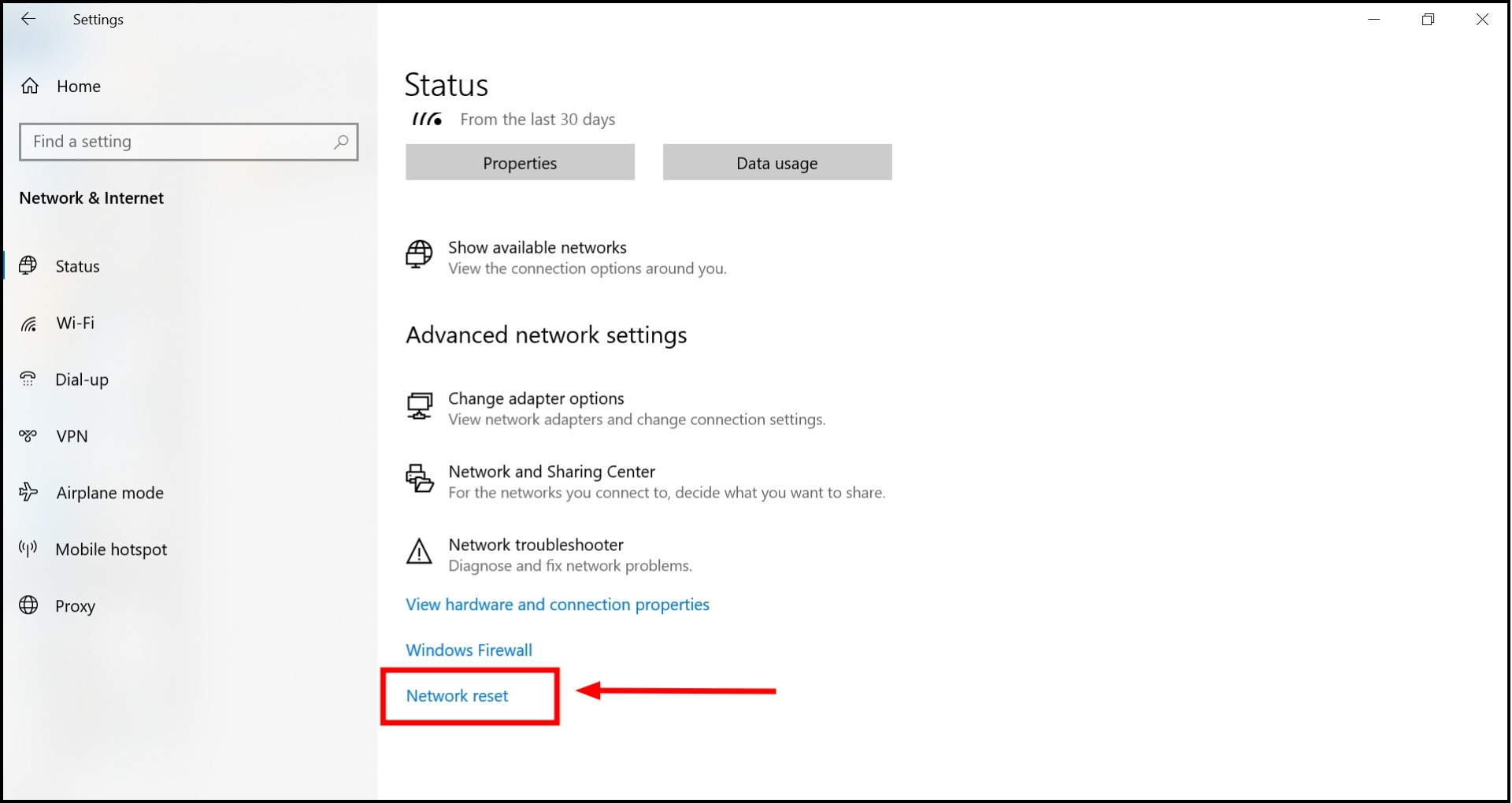 Click on Network reset