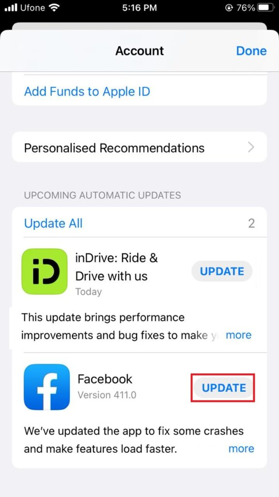 Update Facebook app