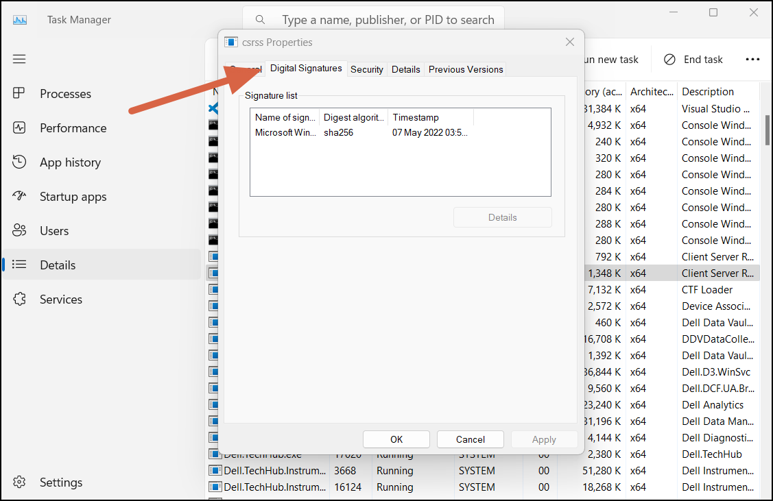 CSRSS.exe Properties Digital Signature
