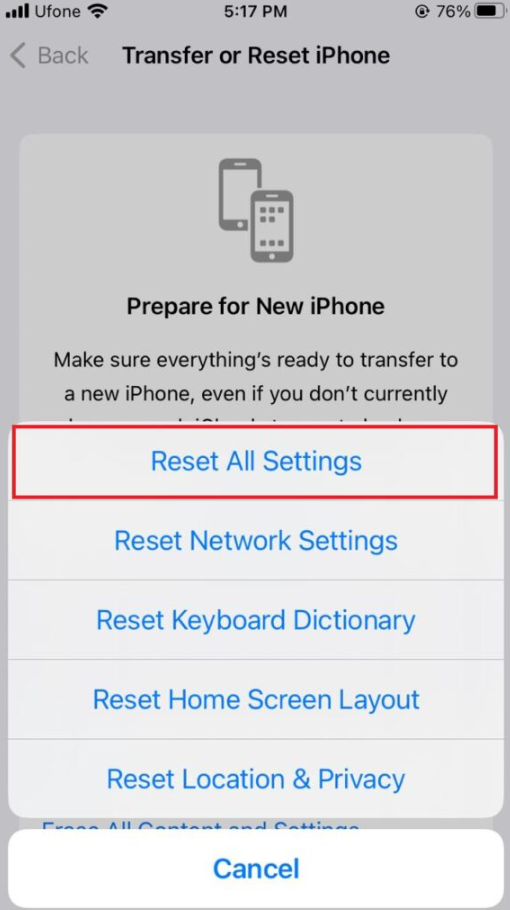 reset all settings