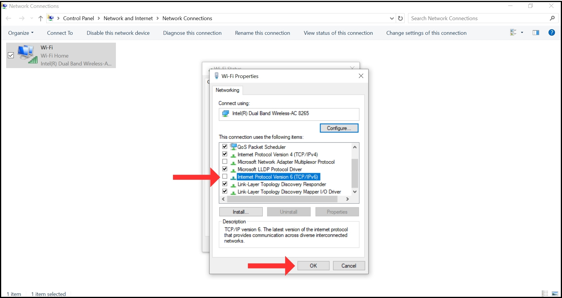 Uncheck the box of IPv6
