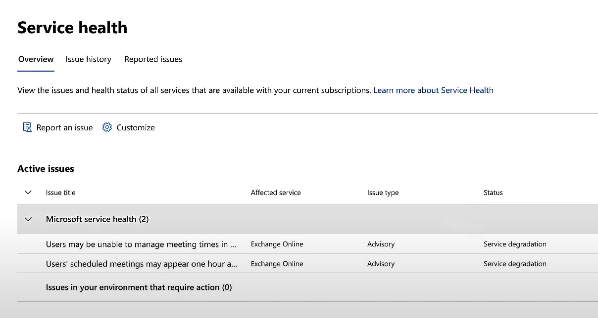 Image showing Microsoft service health panel.