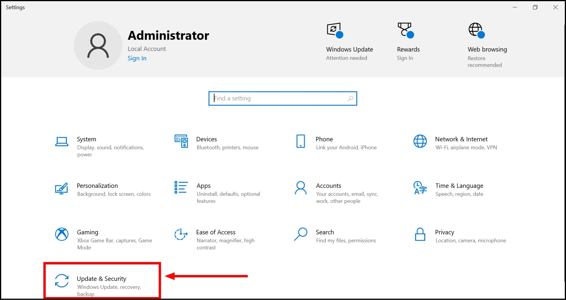 click on "Update & Security