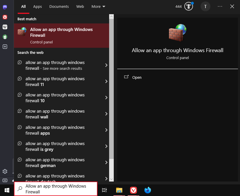 Windows Menu display windows firewall options.