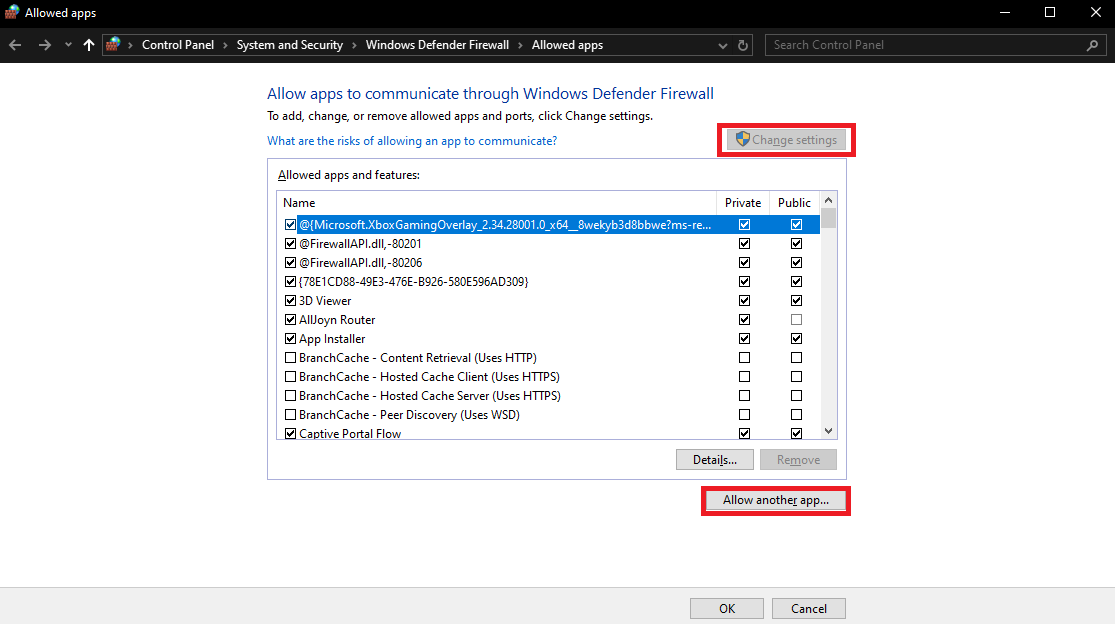 Windows Firewall settings.