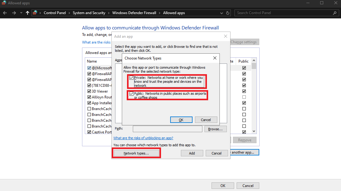 Allowing an app through Windows Firewall.