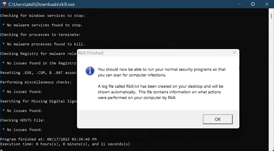 Completion message from RKILL