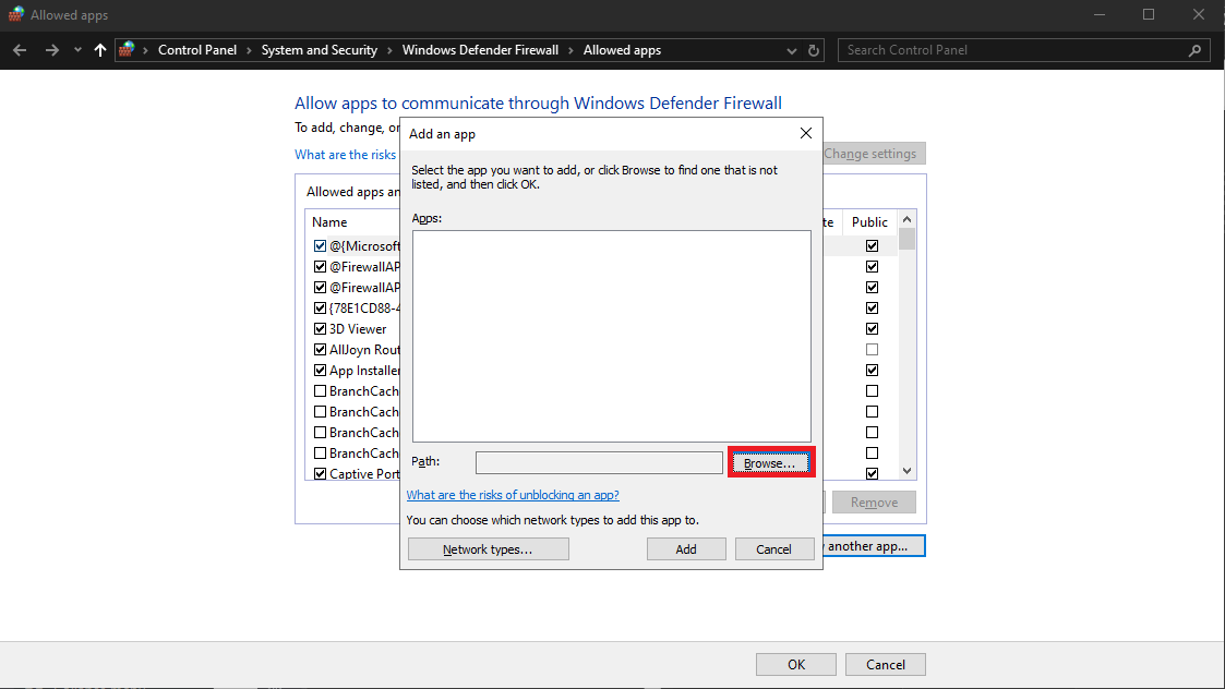Browsing to add your app as an exception for Windows Firewall.