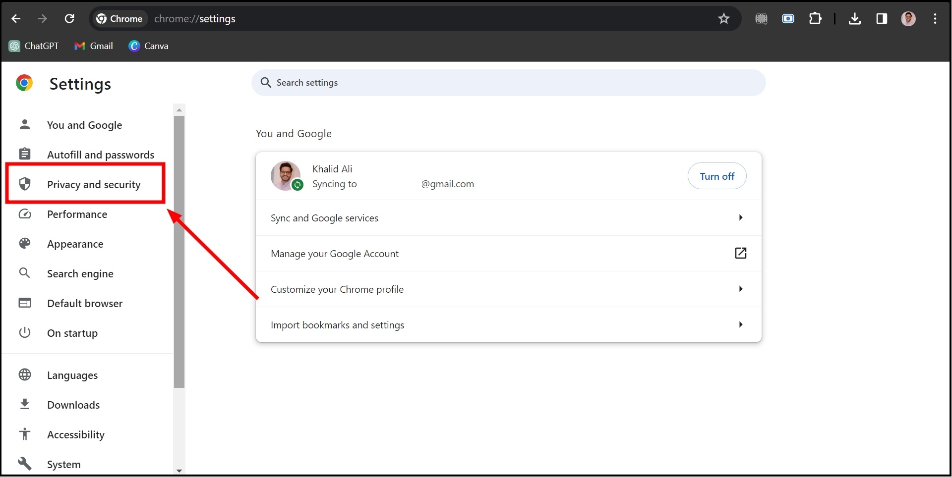 Go to Privacy and Security 