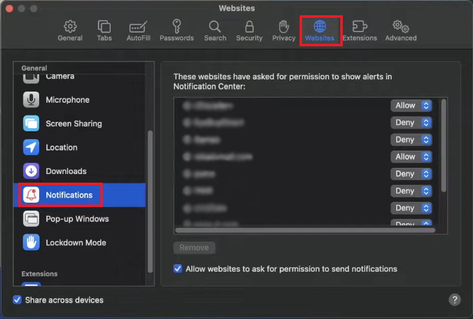 Safari Websites and Notifications settings.