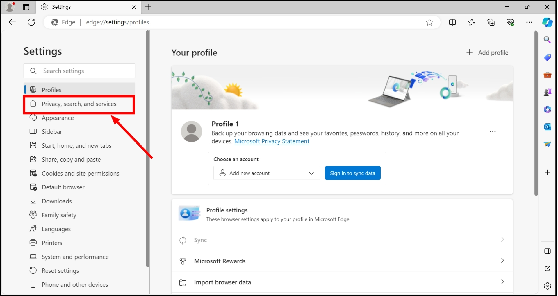 open Privacy, search, and Services