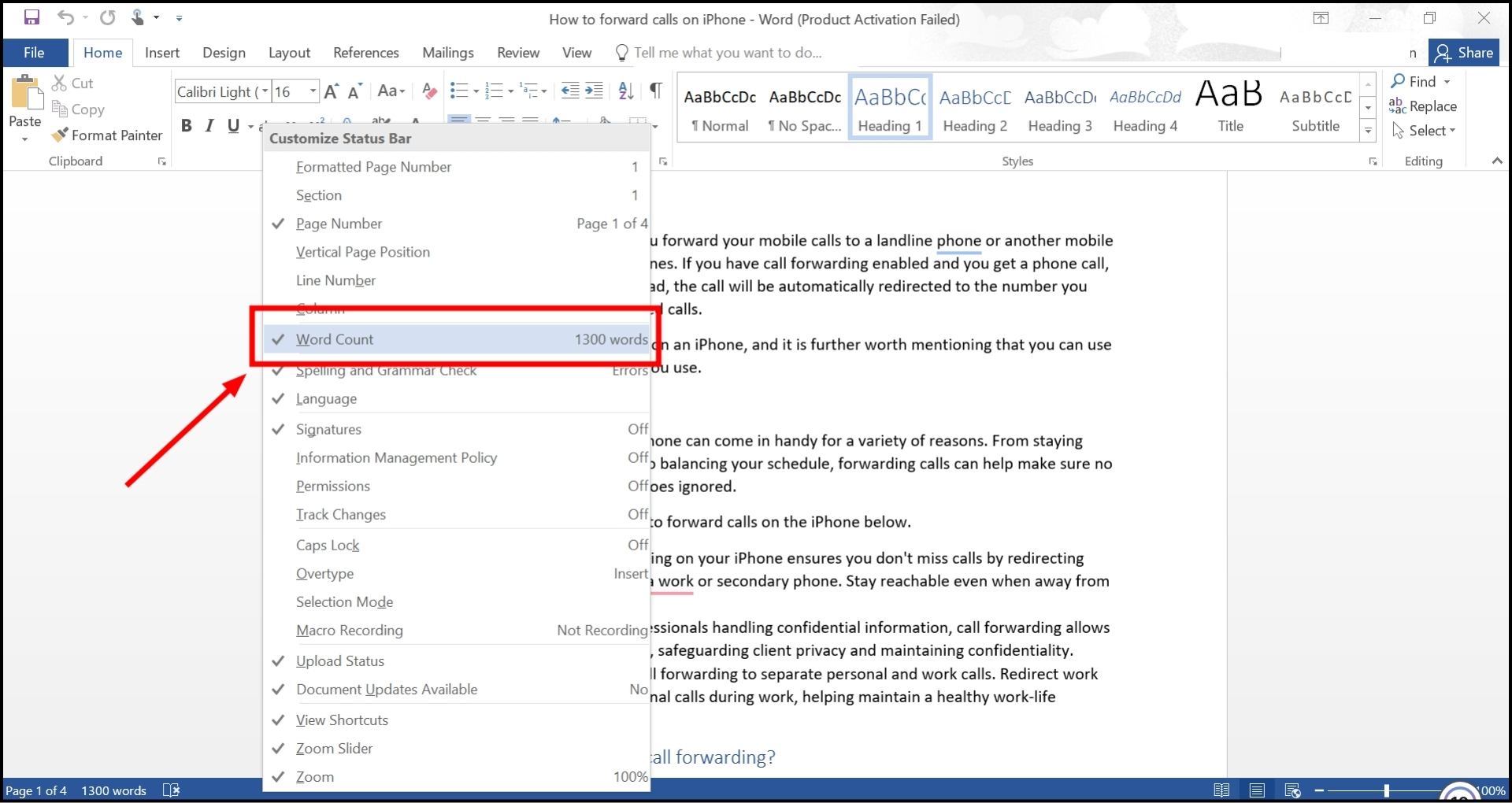 Click on the Word Count option