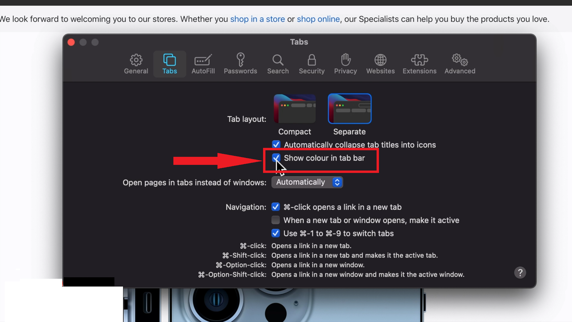 Click the box before Show Color in Tab Bar