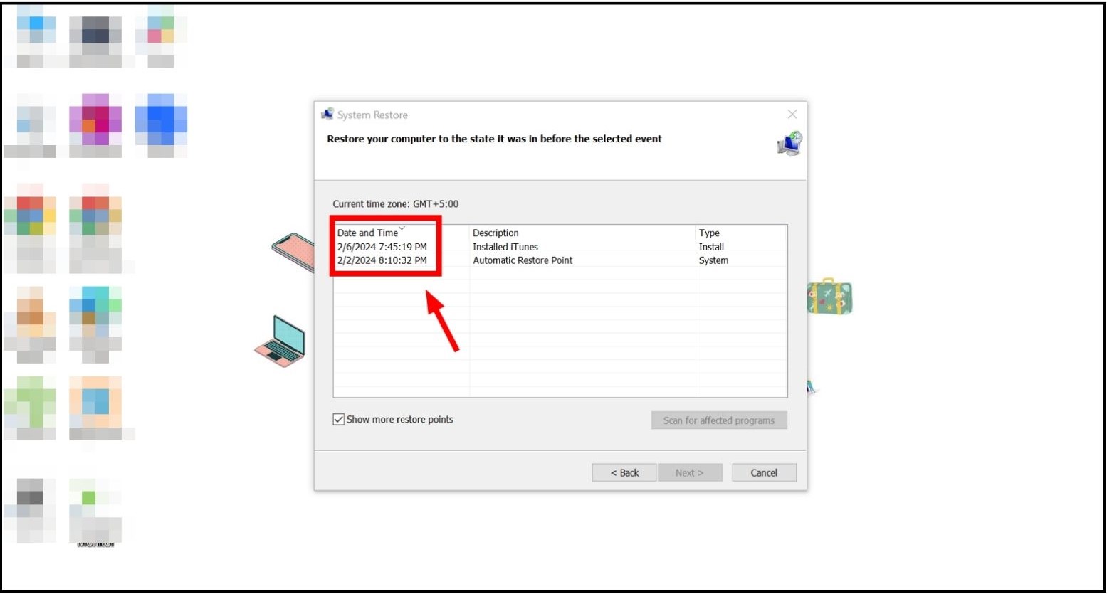 Choose the date you want to restore system to