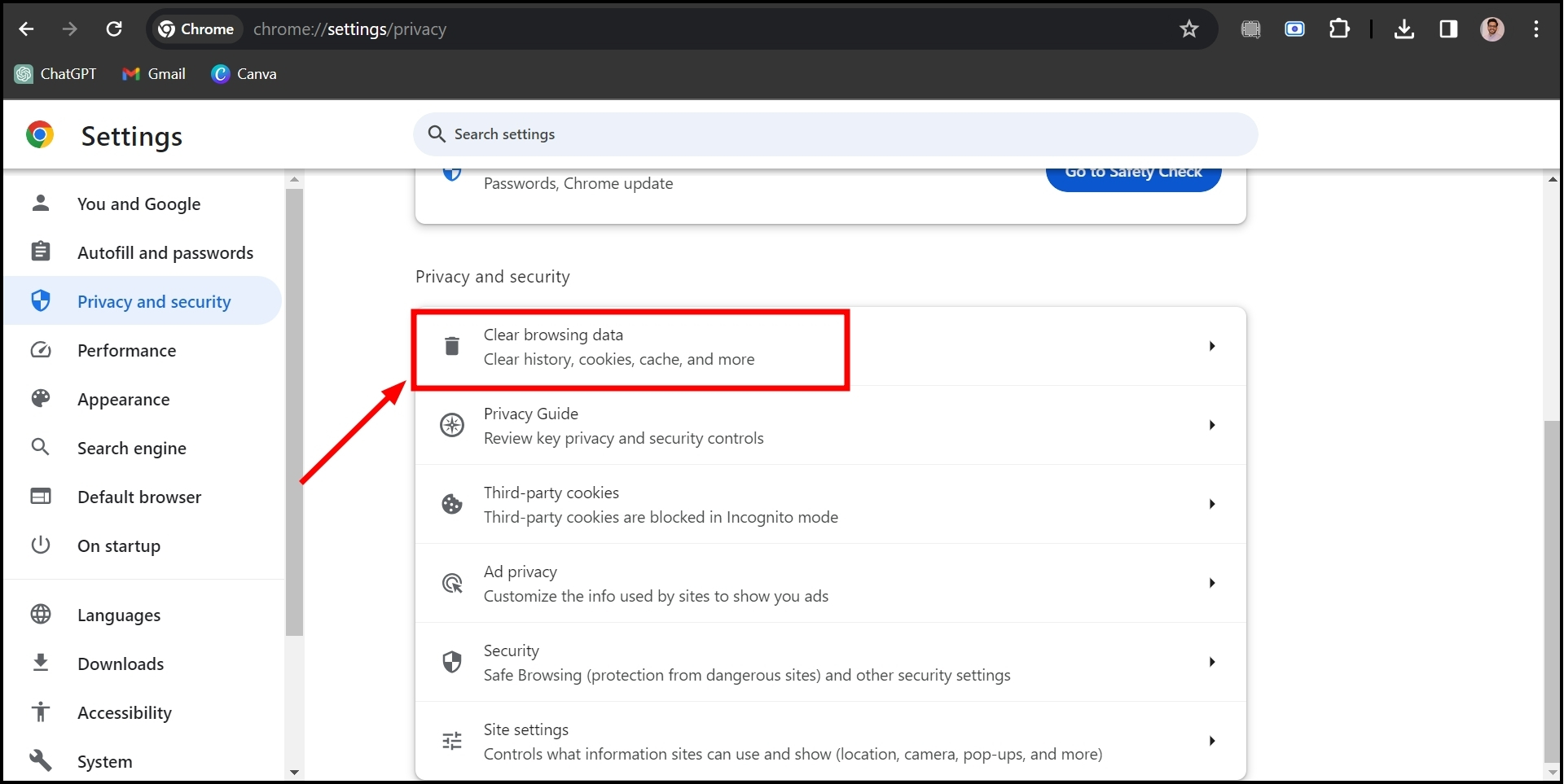 Clear browsing cache