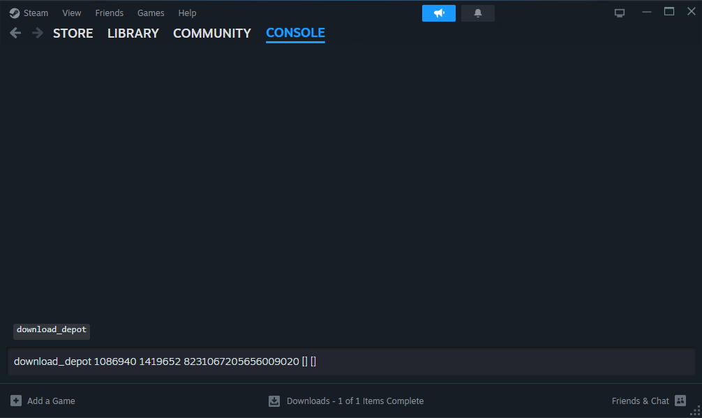 Steam Console with a command written in it