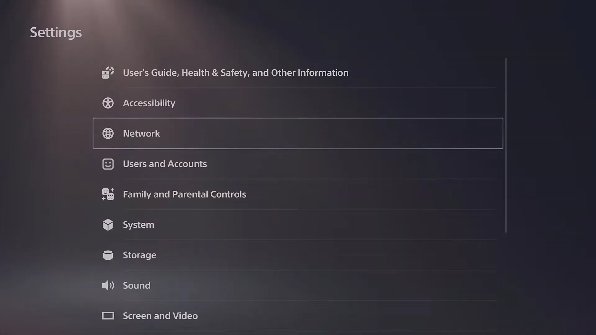 PlayStation 5 settings menu.