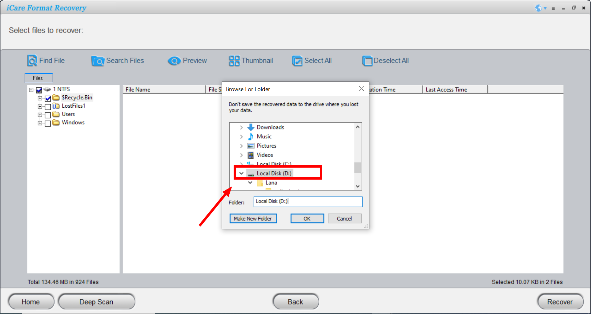 Choose the files or folders you want to recover
