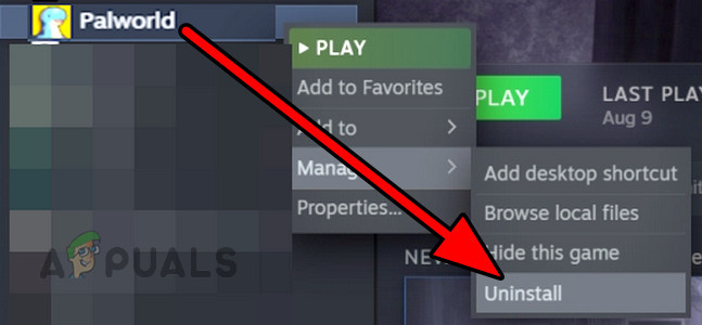 Uninstall Palworld in the Steam Library