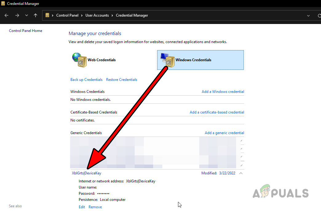 Remove XblGrts DeviceKey in the Credential Manager