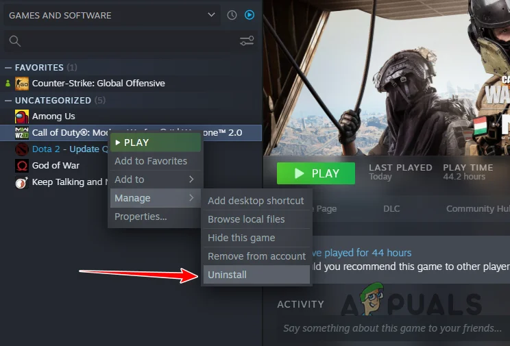 Uninstall COD MW2 on Steam