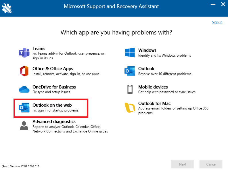 Image displaying options in the Microsoft Diagnostic tool with 'Outlook on the web' highlighted.
