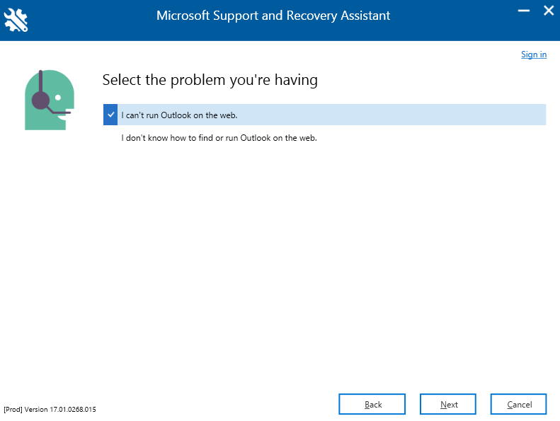 'I can't run Outlook on the web' option is highlighted in the image.