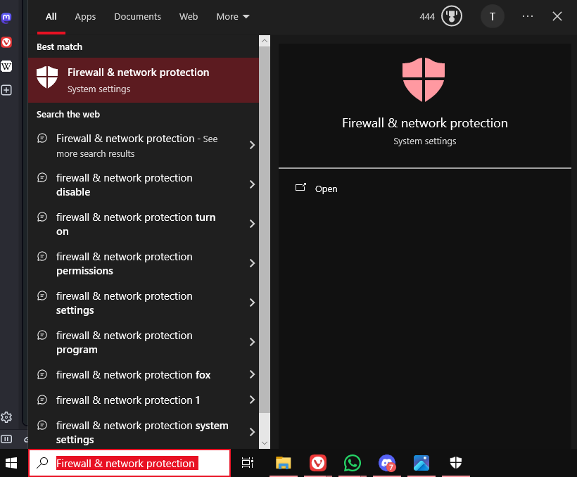 Searching for Firewall & network protection on Windows