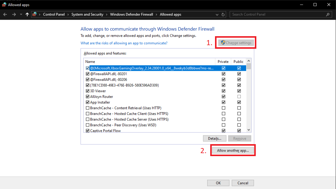Windows Firewall allowing a new application interface