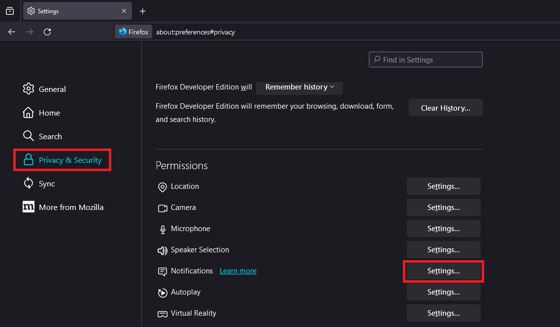 Firefox Privacy & Security settings.