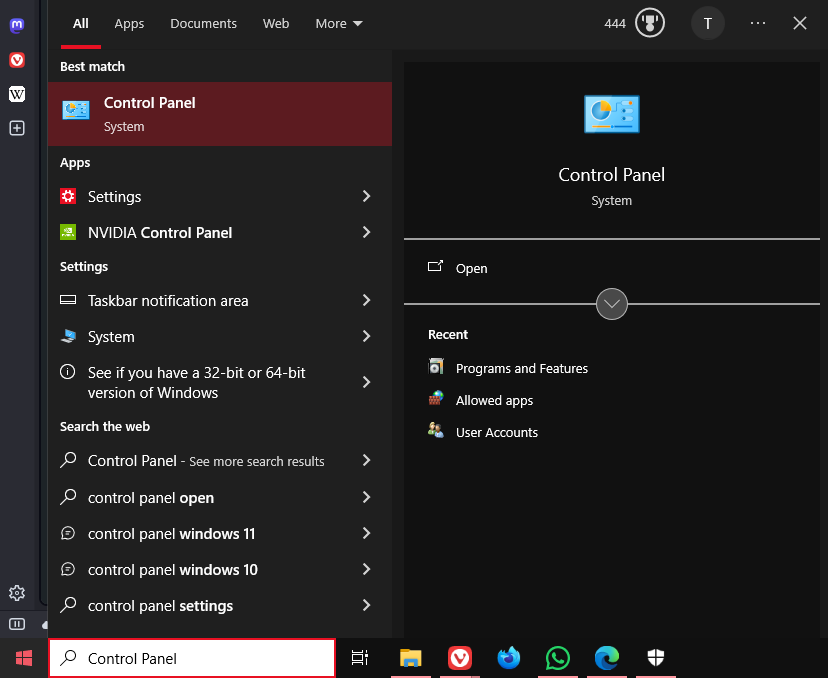 Searching for the Control Panel in Windows