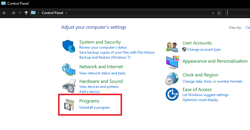 Programs and Features in the Control Panel