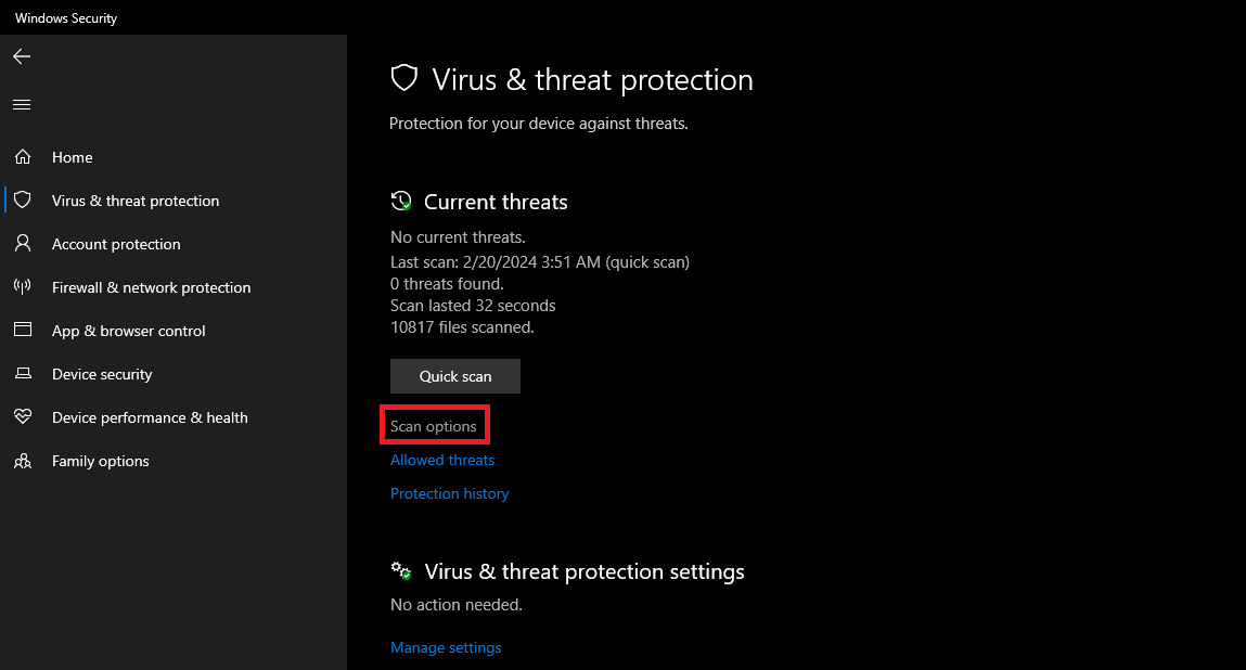 Windows Security Scan options interface