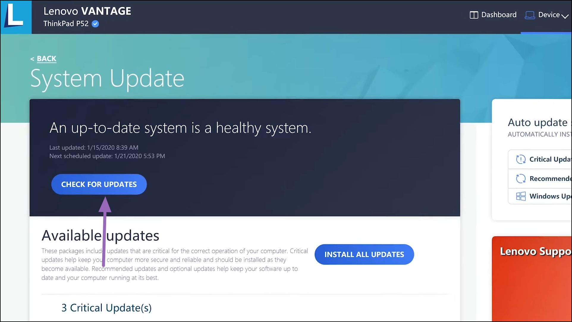 Lenovo Vantage > Device > Check for Updates