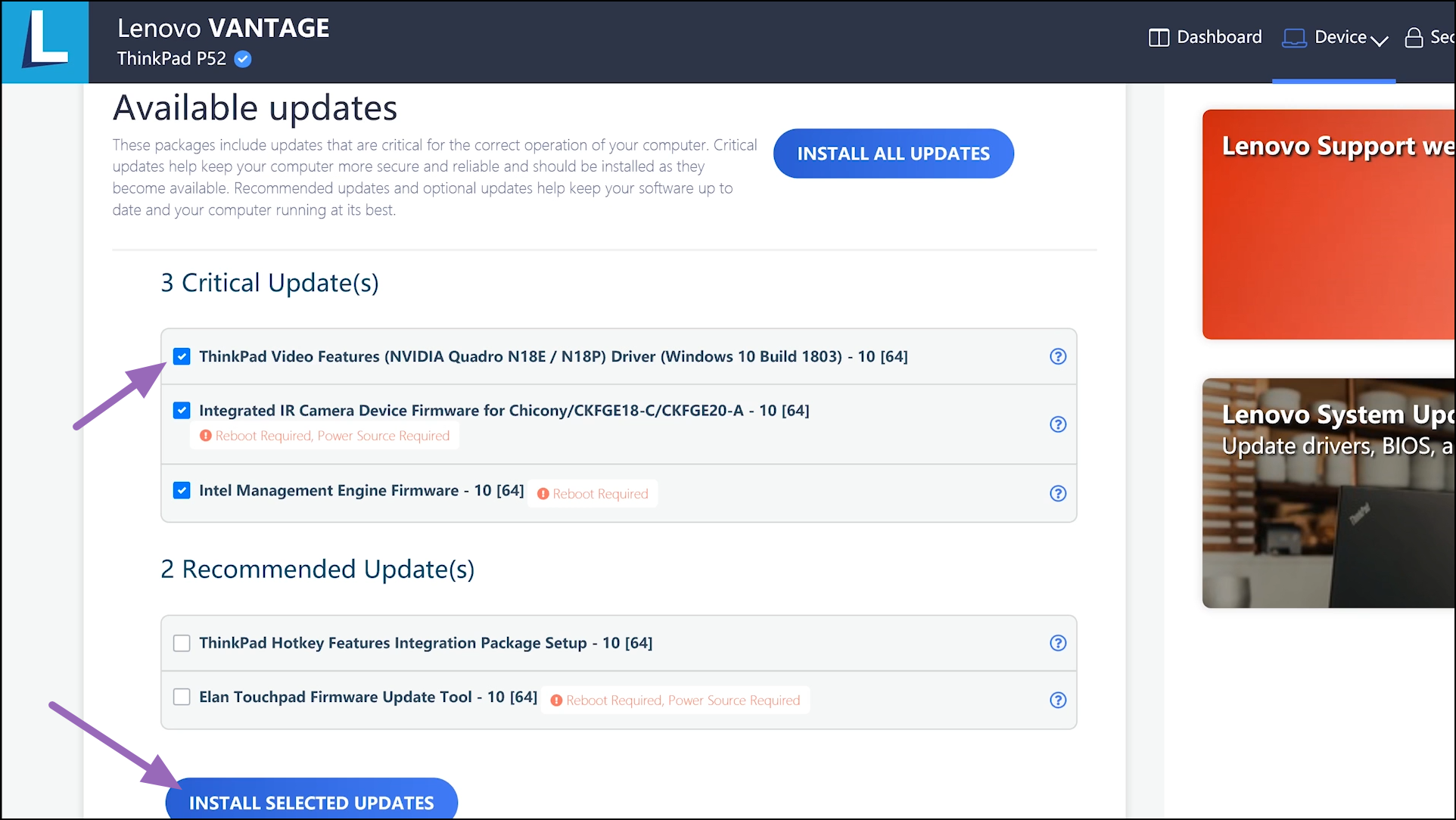 Lenovo Vantage > Installed Selected Updates