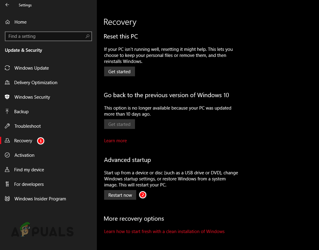 Going into Advanced Startup Menu
