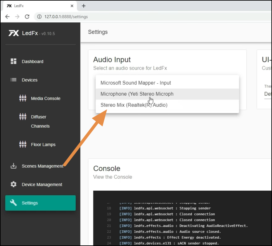 Choose Audio Input Source LedFX