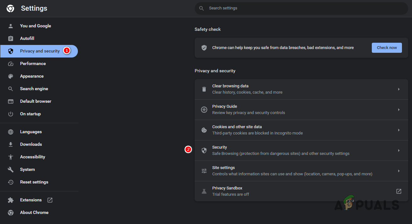 Opening Chrome Security Settings