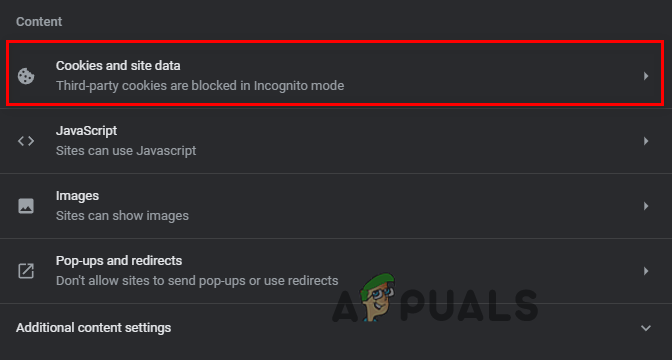 Opening Cookies and Site Data Settings