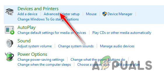 Opening Devices and Printers menu