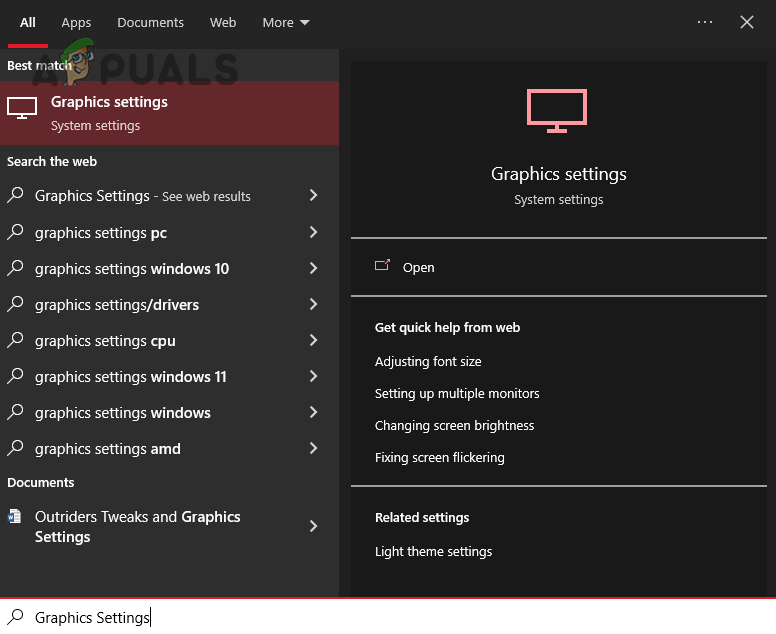 Opening Graphics Settings menu