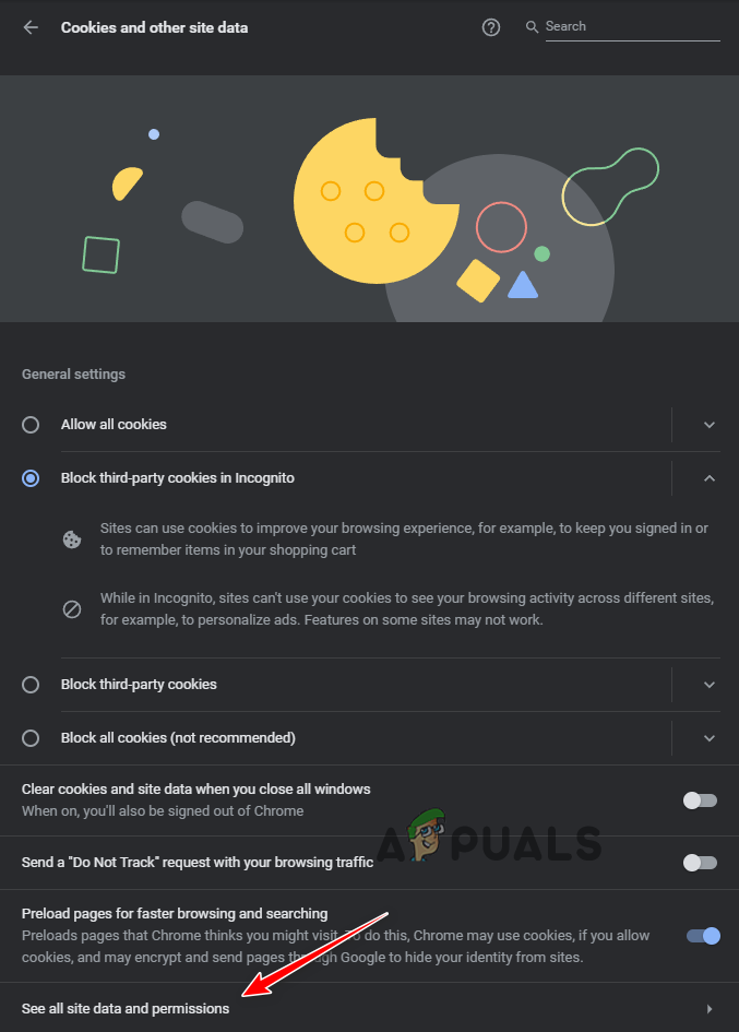 Opening Site Data and Permissions Menu
