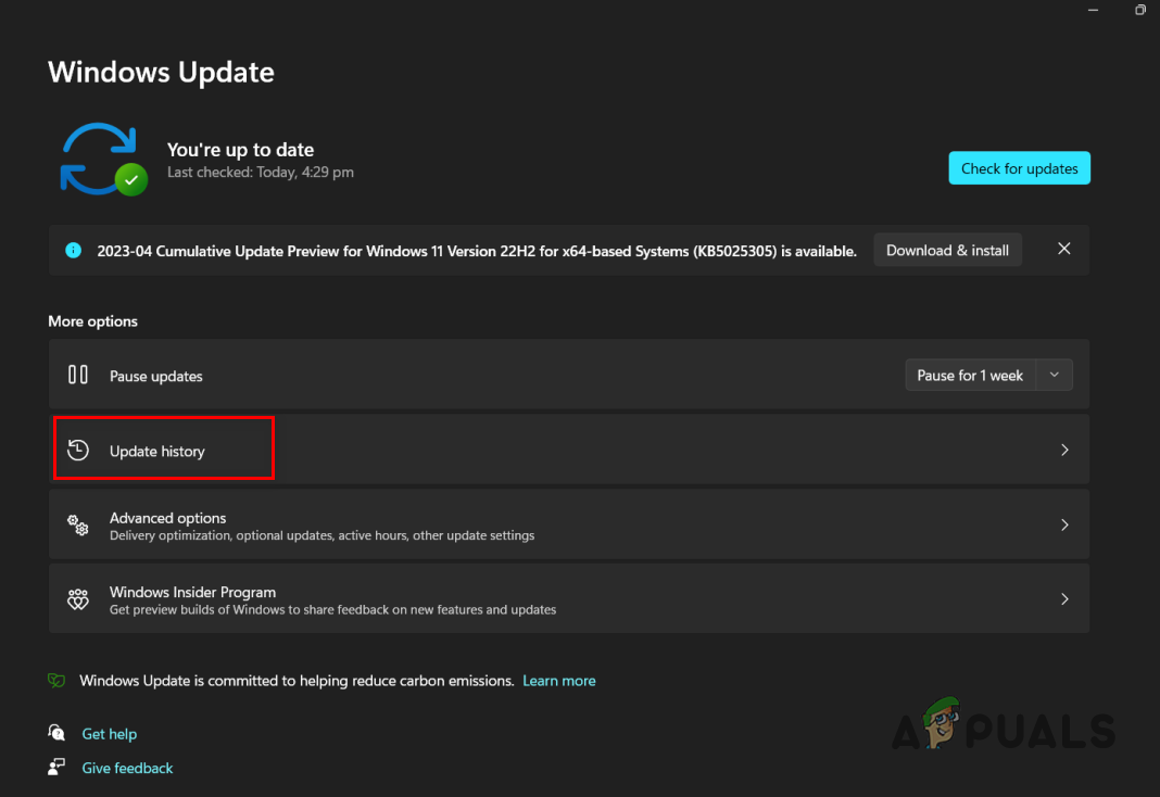 Opening Update History menu