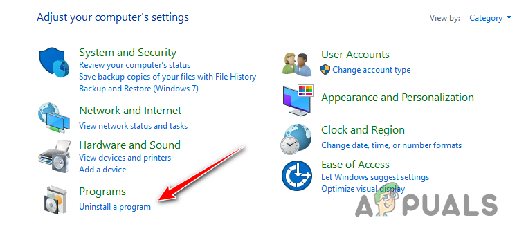 Opening the Uninstall menu in Control Panel