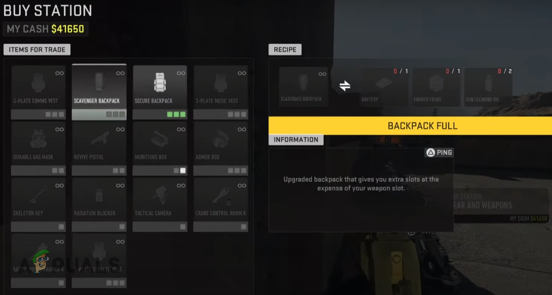 Purchasing a Scavenger Backpack from a Buy Station