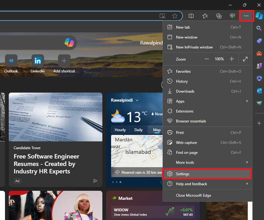 Edge Settings option.