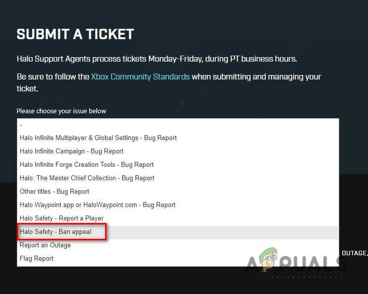 Selecting the Ban Appeal option