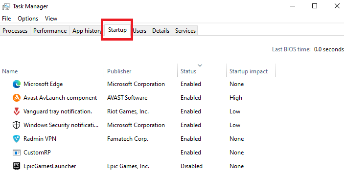 Startup tab in Task Manager